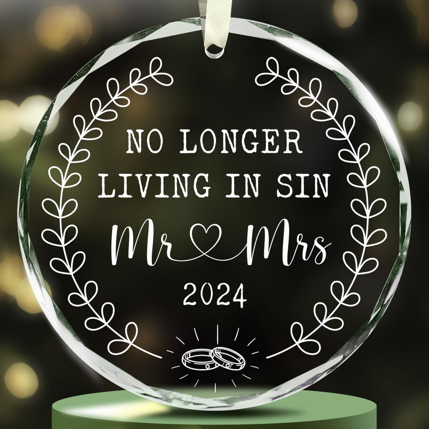 No Longer Living In Sin Mr & Mrs 2024 - Glass Christmas Ornament