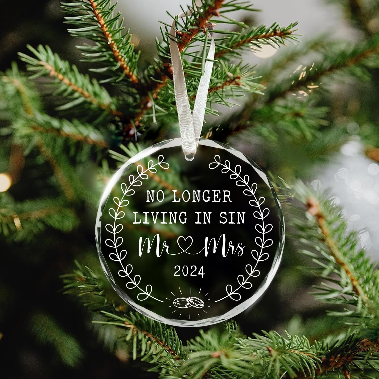 No Longer Living In Sin Mr & Mrs 2024 - Glass Christmas Ornament