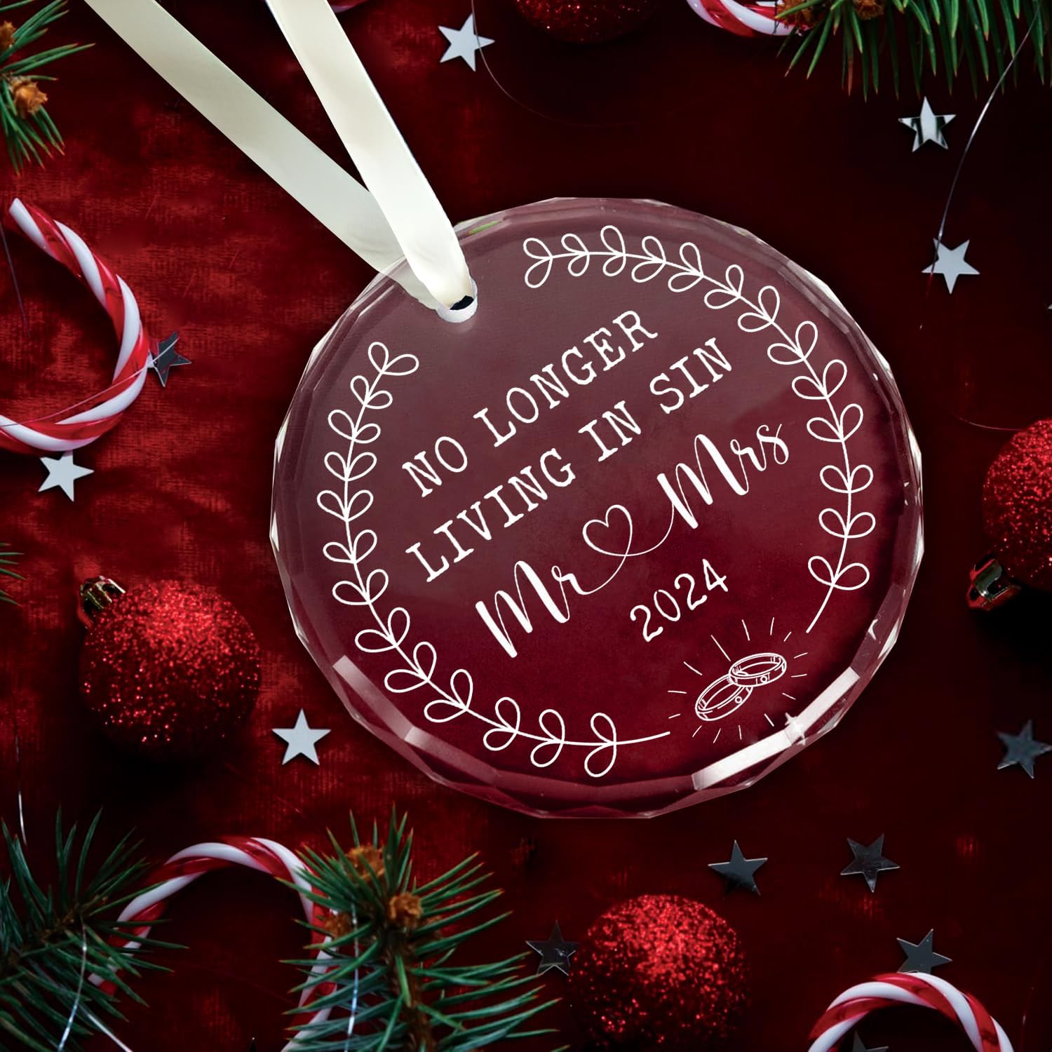 No Longer Living In Sin Mr & Mrs 2024 - Glass Christmas Ornament