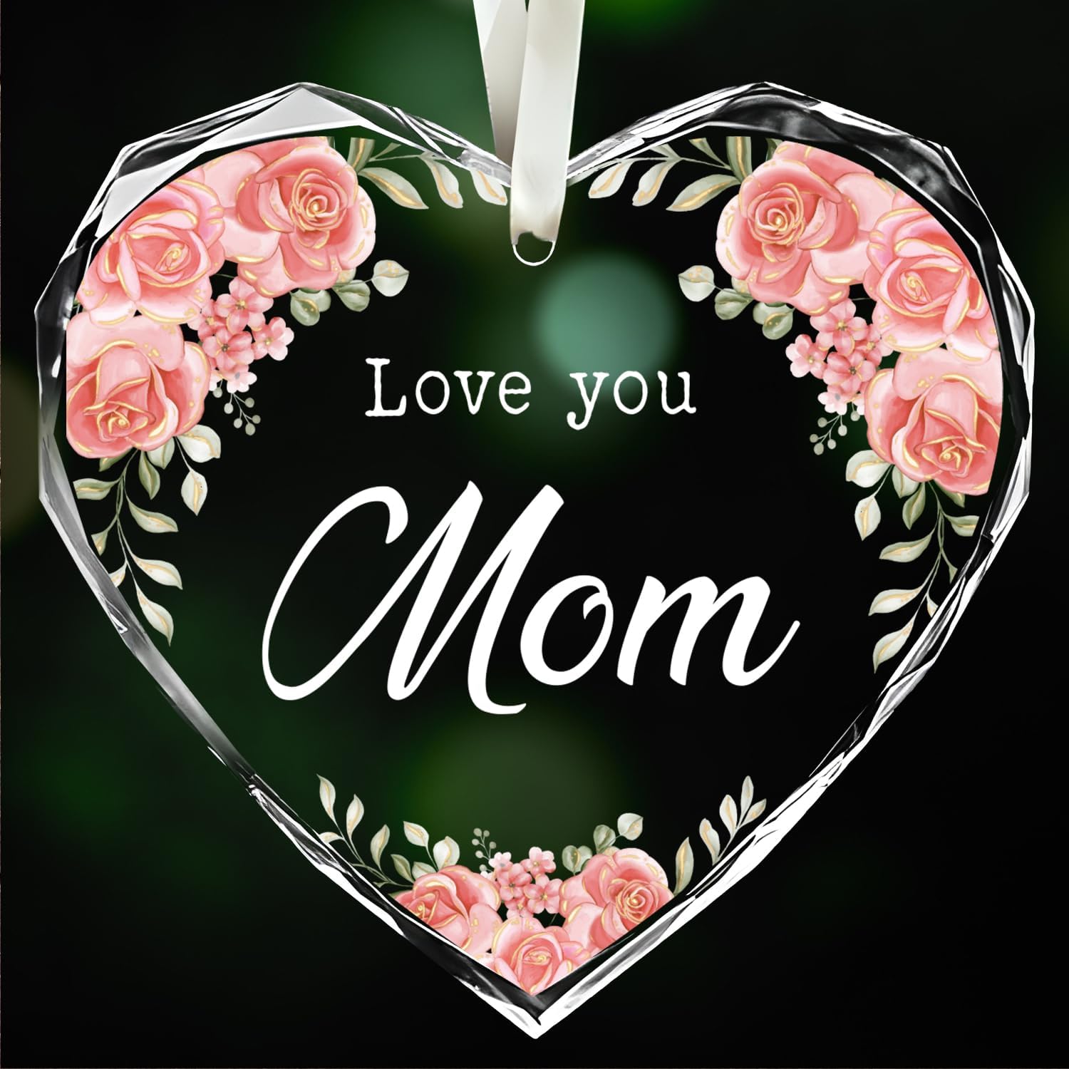 Love You Mom - Glass Heart Christmas Ornament