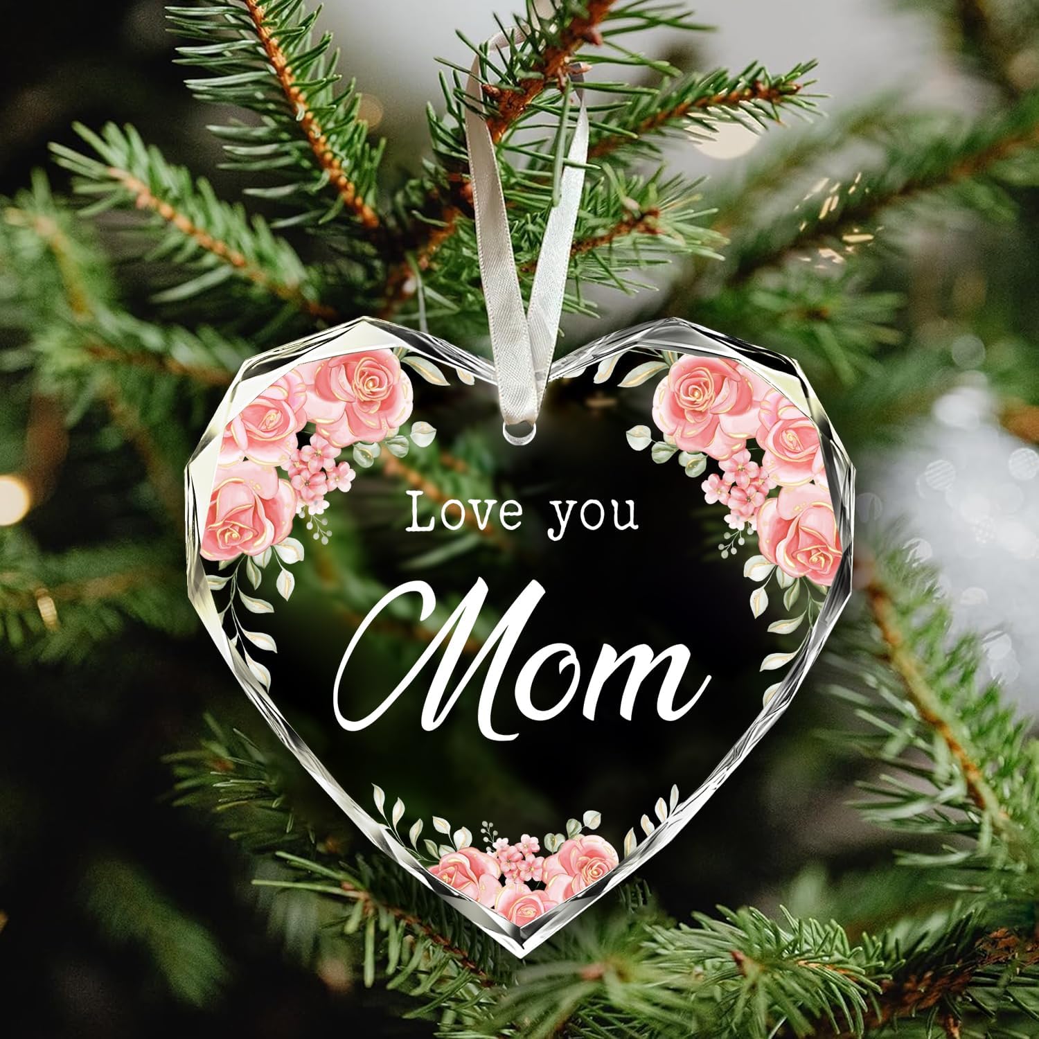 Love You Mom - Glass Heart Christmas Ornament