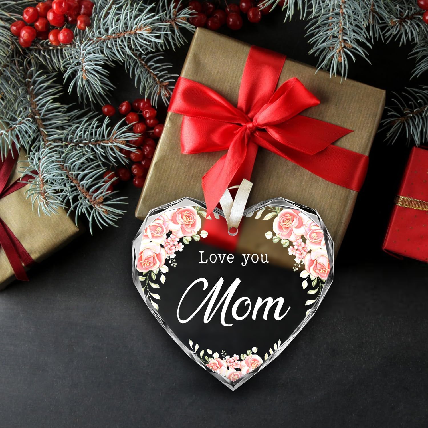 Love You Mom - Glass Heart Christmas Ornament