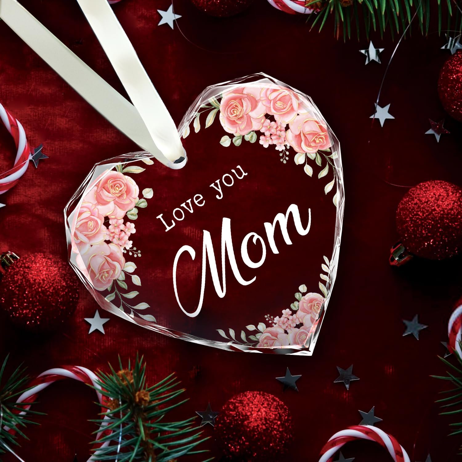 Love You Mom - Glass Heart Christmas Ornament