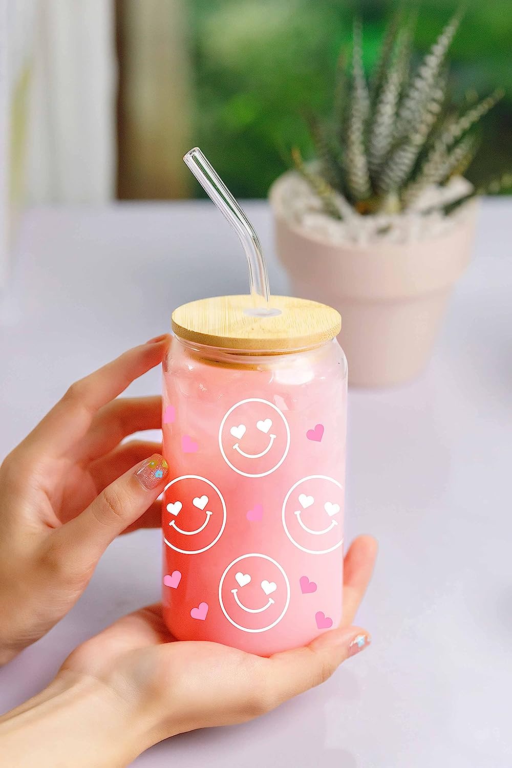 Cute Daisy Beer Can Iced Coffee Glass Cup With Lid and Straw